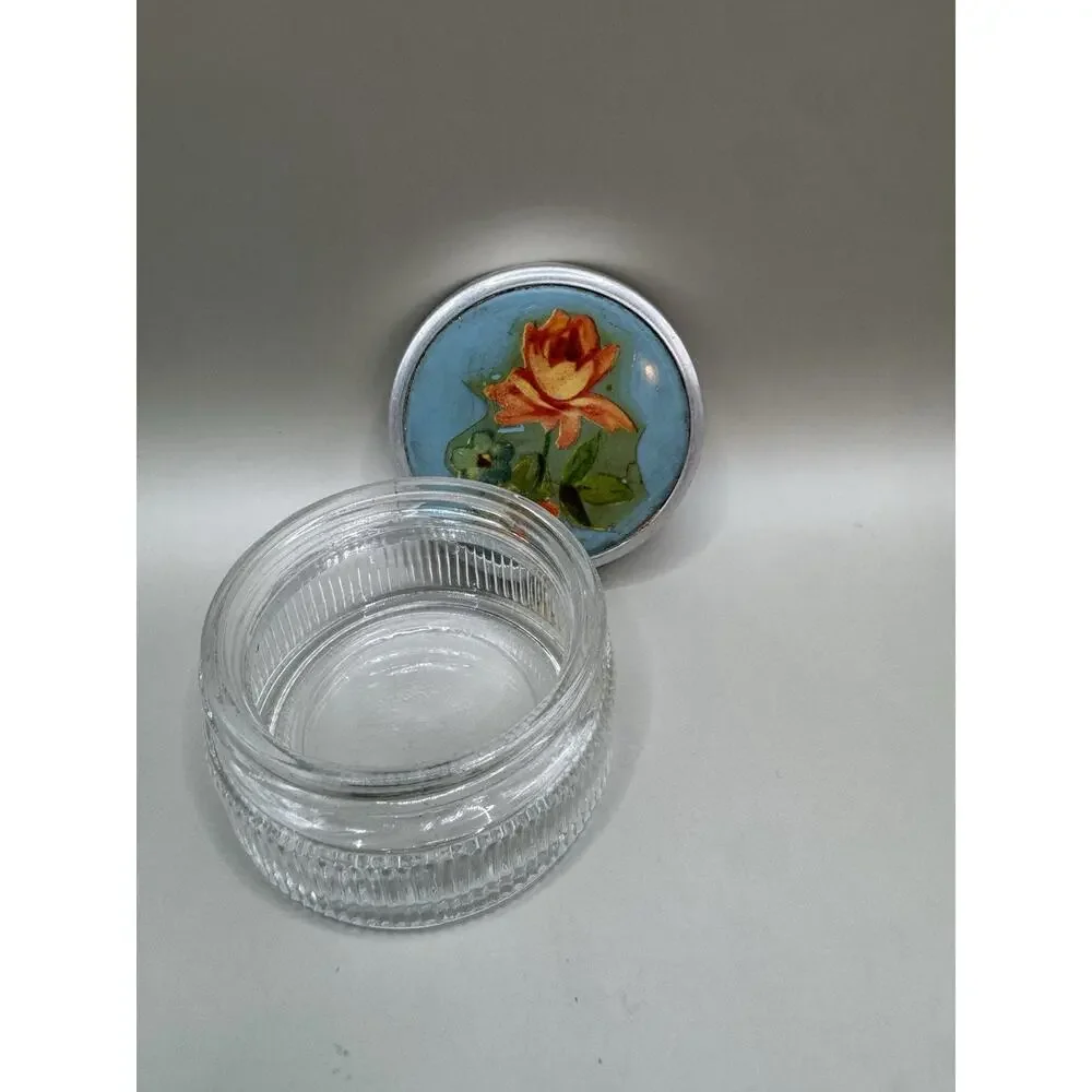 Vintage Vanity Powder Jar Ribbed Glass w/ Floral Metal Lid 1930s-50s